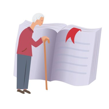 Kamışı kalın bir kitap önünde yürüyüş ile ihtiyar. Kavram düz vektör çizim. Beyaz arka plan üzerinde izole.