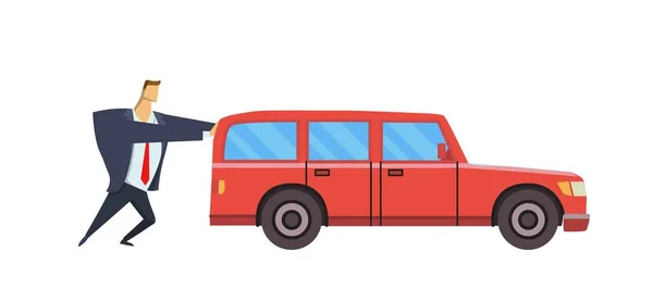 Ο άνθρωπος στο κοστούμι πιέζει κόκκινο αυτοκίνητο προς τα εμπρός. Έννοια επίπεδη διανυσματικά εικονογράφηση. Απομονωμένα σε λευκό φόντο. — Διανυσματικό Αρχείο