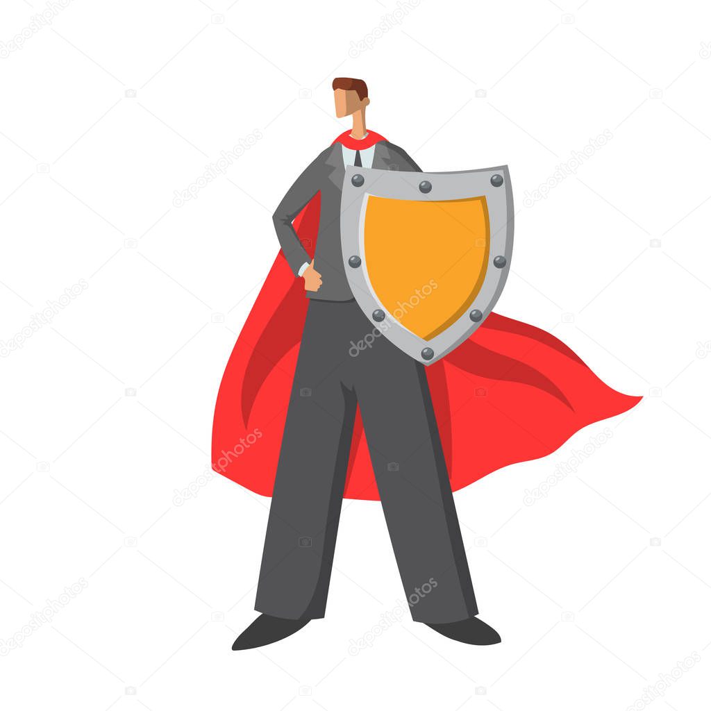 Businessman in red cape holding a shield. Superhero businessman. Flat vector illustration. Isolated on white background.