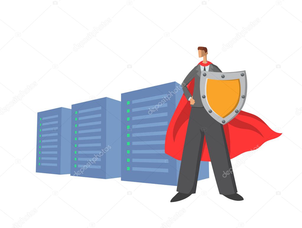 Businessman in superhero red cape holding a shield in front of servers. Data protector. Cartoon character. Vector illustration. Isolated on white background.