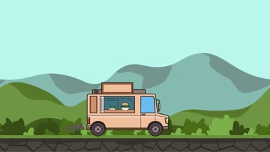 Gıda kamyon sürme yeşil vadi boyunca animasyon. Araç kırsal manzara arka plan üzerinde hareket. Düz animasyon.