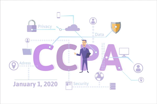 Ccpa, California Consumer Privacy Act. Bezpečnost údajů v USA, ochrana osobních údajů spotřebitelů. Koncepční vektorová ilustrace. Plochý. Vodorovně. — Stockový vektor