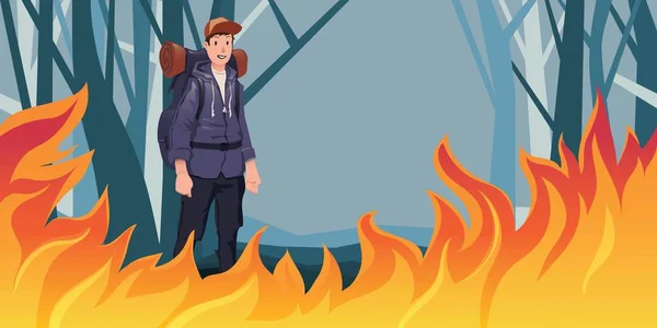 Man tourist with backpack in front of forest fire. Natural disaster and people. Flat vector illustration. — Stock Vector