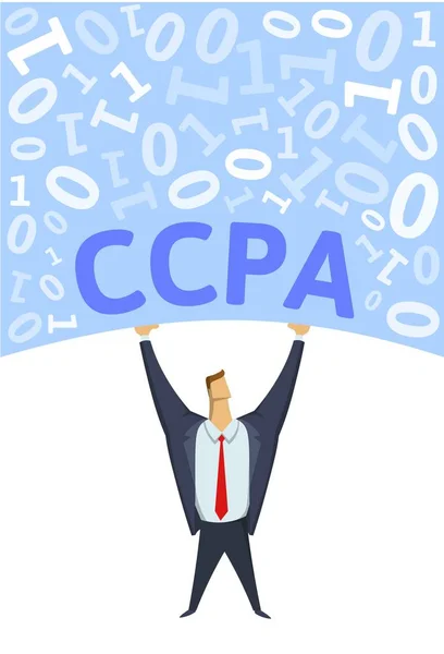 Ccpa, California Consumer Privacy Act. Silný muž drží většinu digitálních dat nad hlavou na bílém pozadí. Vektorová ilustrace. Svisle. — Stockový vektor