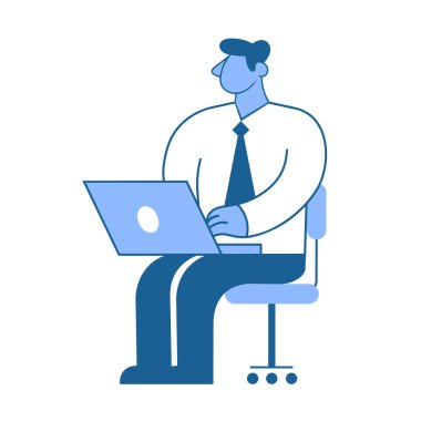 İş adamı işyerinde oturuyor. Yönetici dizüstü bilgisayarla çalışıyor. Düz vektör çizimi. Beyaz arkaplanda izole.