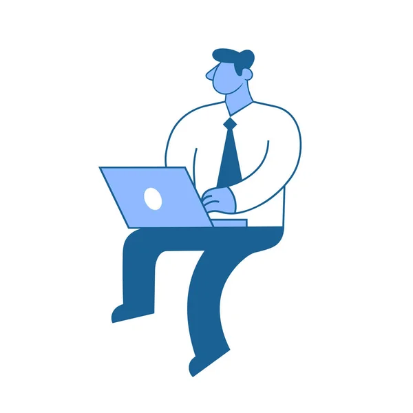 Affärsman i vit skjorta som jobbar på laptop. Presentation och demonstration. Affärsidé. Planerar. Strategi. Begreppet platt illustration, isolerad på vit bakgrund. — Stock vektor