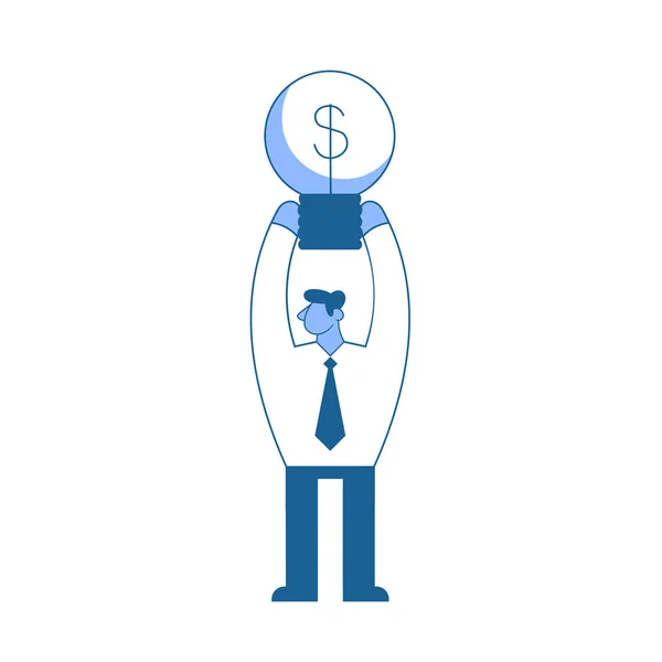 Επιχειρηματίας κρατώντας ένα αναμμένο λαμπτήρα με σύμβολο δολαρίου πάνω από το κεφάλι. Σύμβολο του ιδέες, ιδέες. Επιχειρηματική ιδέα, εικονογράφηση διάνυσμα που απομονώνονται σε λευκό φόντο. — Διανυσματικό Αρχείο