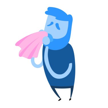 Koşan burun. Mendilli hasta bir adam. Çizgi film tasarım ikonu. Düz vektör çizimi. Beyaz arkaplanda izole.