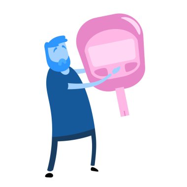 Adam şeker seviyesini glukometreyle ölçüyor. Diyabet belirtileri. Düz vektör çizimi. Beyaz arkaplanda izole.