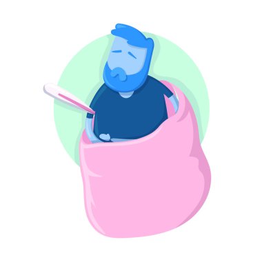 Hasta adam yatağında yatıyor. Çizgi film tasarım ikonu. Düz vektör çizimi. Beyaz arkaplanda izole.