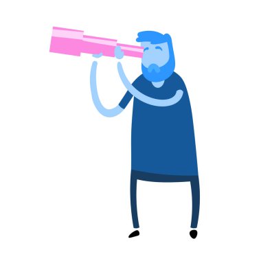 Çizgi filmci dürbünden bakıyor. Çizgi film tasarım ikonu. Renkli düz vektör çizimi. Beyaz arkaplanda izole.