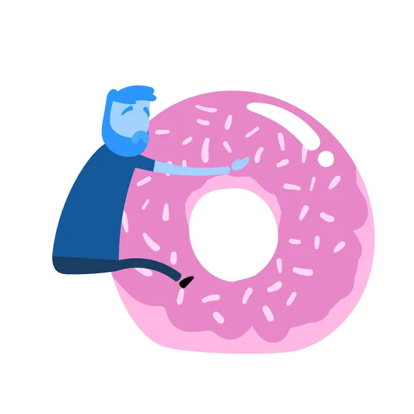 Cartoon man clinging on to giant donut. Unhealthy lifestyle, poor food choice. Cartoon design icon. Colorful flat vector illustration. Isolated on white background. — Stock Vector