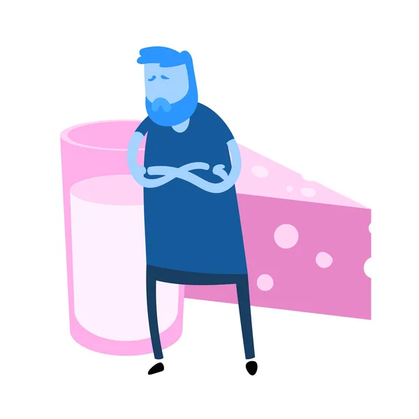 Caricaturista con los brazos cruzados frente a la leche y los productos lácteos. Icono de diseño plano. Ilustración colorida del vector plano. Aislado sobre fondo blanco . — Vector de stock