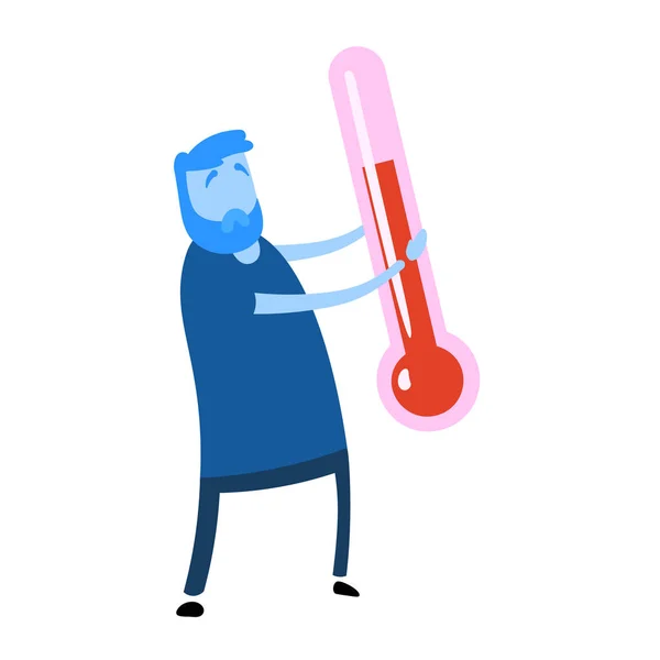 Kranker Mann mit großem Thermometer in der Hand. Cartoon Design Ikone. flache Vektordarstellung. isoliert auf weißem Hintergrund. — Stockvektor