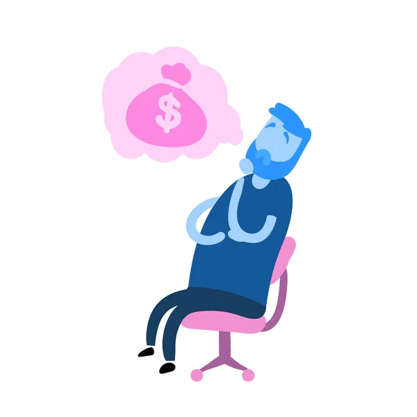 Homem dos desenhos animados sentado na cadeira sonhando com dinheiro. Ícone de desenho animado. Ilustração vetorial plana colorida. Isolado sobre fundo branco . —  Vetores de Stock