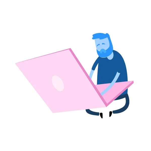 Cartoon man zit naast de gigantische laptop. Werk, kantoorconcept. Cartoon ontwerp icoon. Kleurrijke vlakke vector illustratie. Geïsoleerd op witte achtergrond. — Stockvector