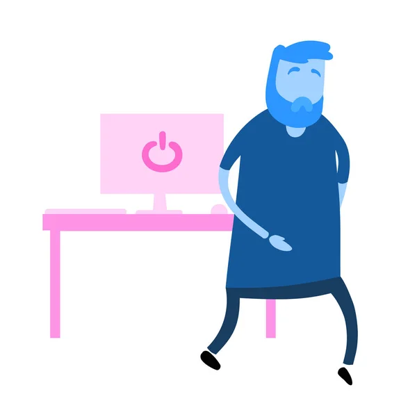 Cartoon man loopt langs de tafel met computer. Cartoon ontwerp icoon. Kleurrijke vlakke vector illustratie. Geïsoleerd op witte achtergrond. — Stockvector