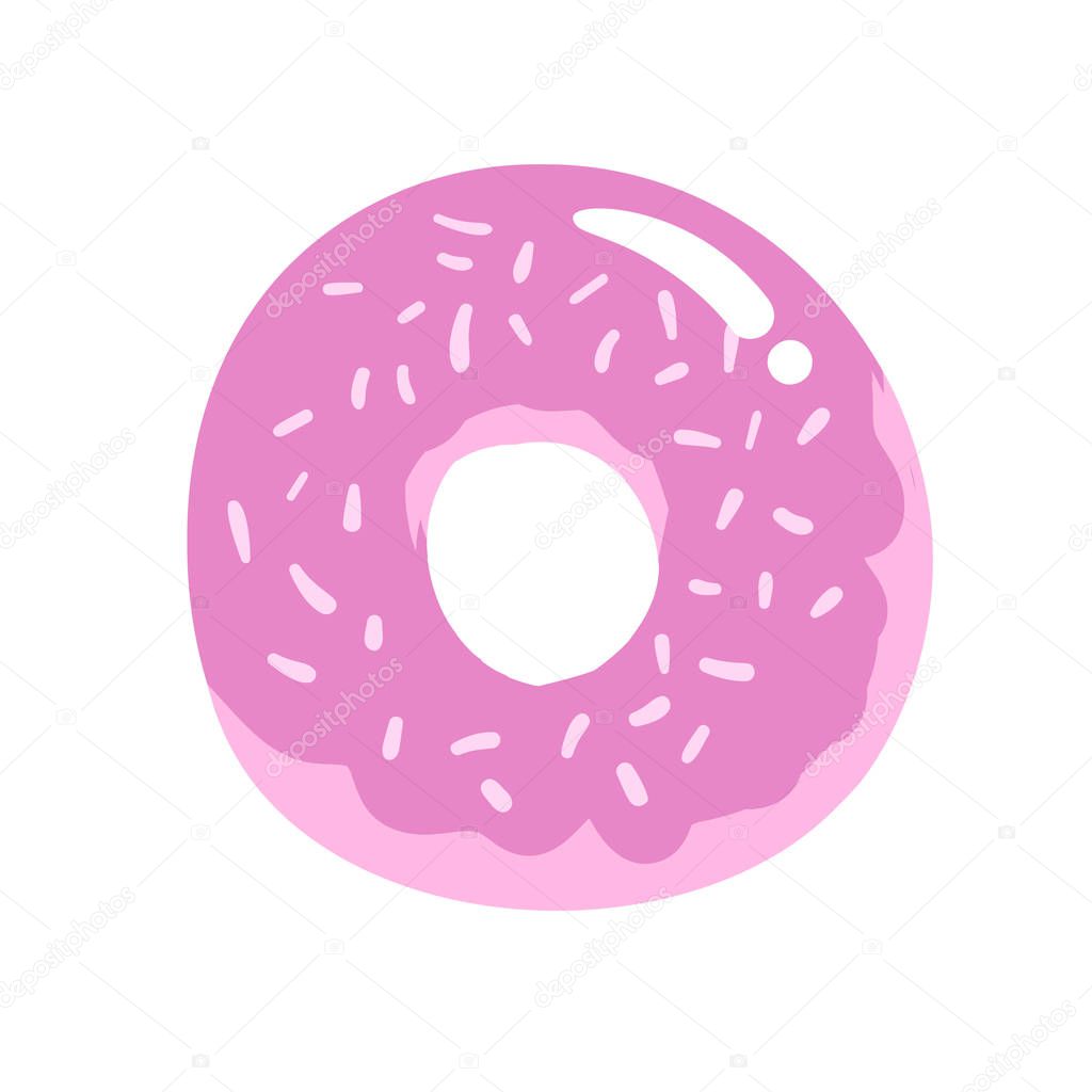 Pink doughnut. Cartoon design icon. Colorful flat vector illustration. Isolated on white background.