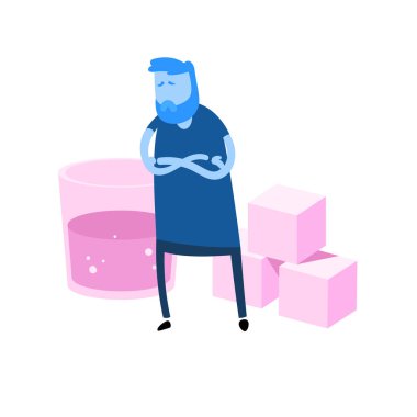 Çizgi filmdeki adam kollarını kola ve şeker küplerinin önünde kavuşturmuştu. Yüksek şekerli gıda tehlikesi. Düz tasarım simgesi. Renkli düz vektör çizimi. Beyaz arkaplanda izole.