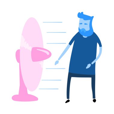 Havalandırma vantilatörünün yanında duran çizgi film karakteri. Çizgi film tasarım ikonu. Renkli düz vektör çizimi. Beyaz arkaplanda izole.