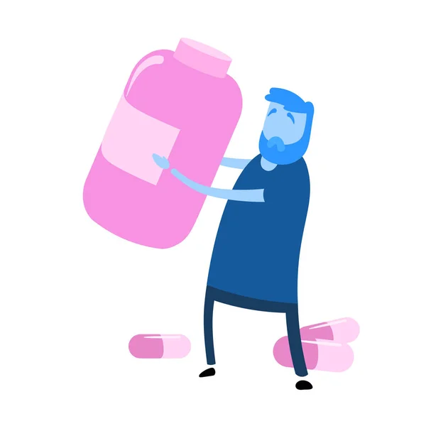 Uomo dei cartoni animati con in mano una grande bottiglia di pillole. Icona del design dei cartoni animati. Illustrazione a vettore piatto. Isolato su sfondo bianco . — Vettoriale Stock