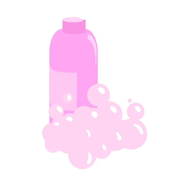 Botella de champú rosa con espuma. Icono de diseño de dibujos animados. Ilustración colorida del vector plano. Aislado sobre fondo blanco . — Archivo Imágenes Vectoriales