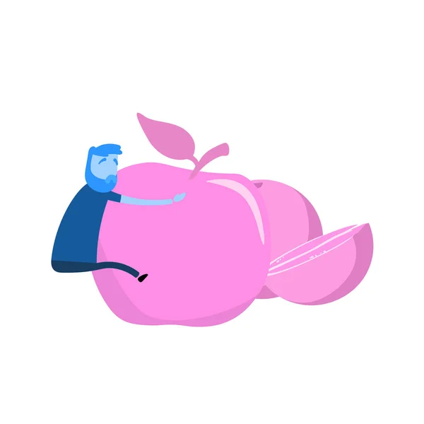 Cartoon man clinging on to giant apple. Healthy lifestyle, healthy food choice. Cartoon design icon. Colorful flat vector illustration. Isolated on white background. — 스톡 벡터