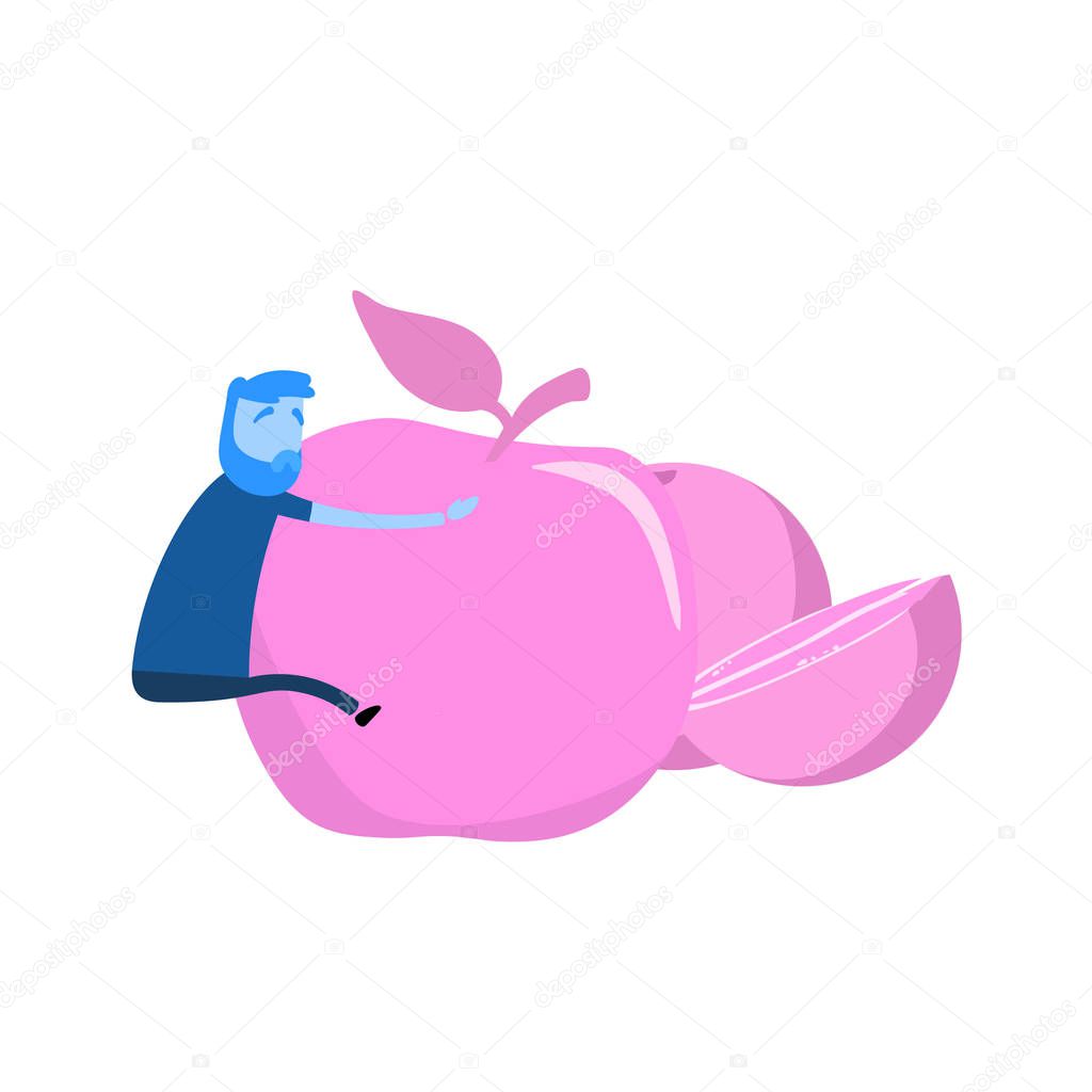 Cartoon man clinging on to giant apple. Healthy lifestyle, healthy food choice. Cartoon design icon. Colorful flat vector illustration. Isolated on white background.