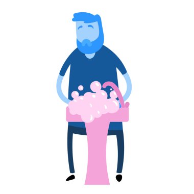 Mutlu adam ellerini yıkıyor. Gülen adam, vektör karikatür çizimi, beyaz üzerine izole edilmiş..