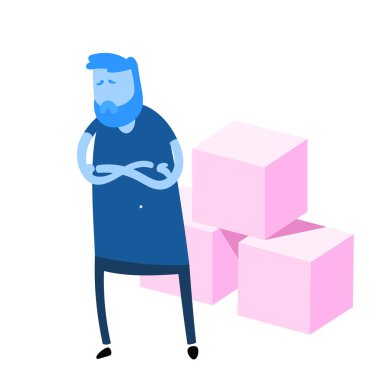 Çizgi filmdeki adam kollarını üç küp şekerin önünde kavuşturdu. Yüksek şekerli gıda tehlikesi. Düz tasarım simgesi. Renkli düz vektör çizimi. Beyazda izole edilmiş.