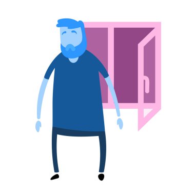 Çizgi filmci açık pencerenin yanında duruyor. Çizgi film tasarım ikonu. Renkli düz vektör çizimi. Beyaz arkaplanda izole.