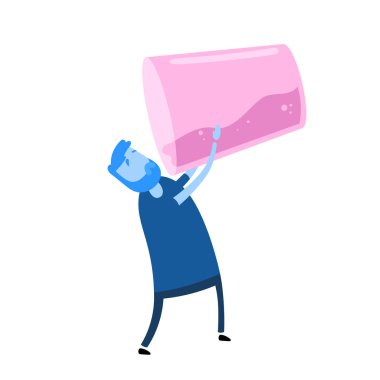 Çizgi filmci dev bir bardaktan su içiyor. Soda ve tatlı içecekler tüketimi. Düz tasarım simgesi. Renkli düz vektör çizimi. Beyaz arkaplanda izole.