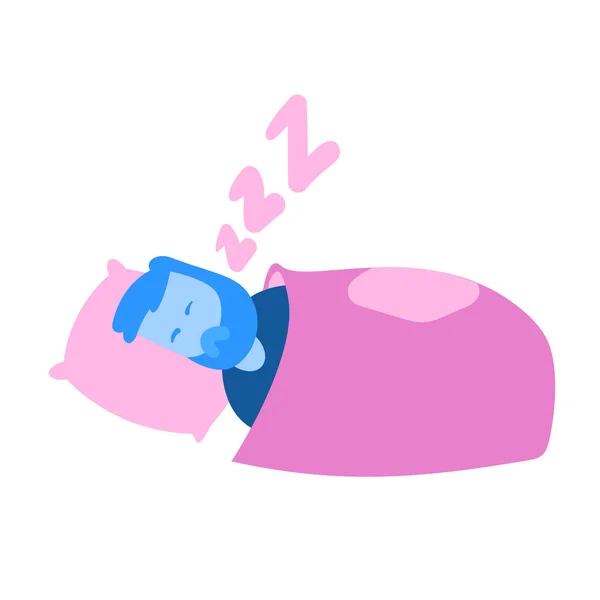 Uomo dei cartoni animati che dorme in un letto. Icona del design dei cartoni animati. Illustrazione a vettore piatto. Isolato su sfondo bianco . — Vettoriale Stock
