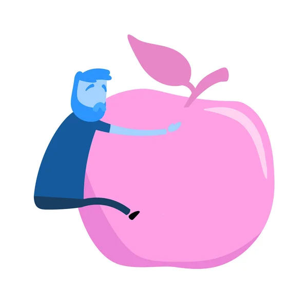 Cartoon man clinging on to giant apple. Healthy lifestyle, healthy food choice. Cartoon design icon. Colorful flat vector illustration. Isolated on white background. — 스톡 벡터