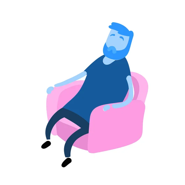Sakallı adam koltuğa oturur ve rahatlar. Dinlenen bir insan. Çizgi film tasarım ikonu. Renkli düz vektör çizimi. Beyaz arkaplanda izole. — Stok Vektör