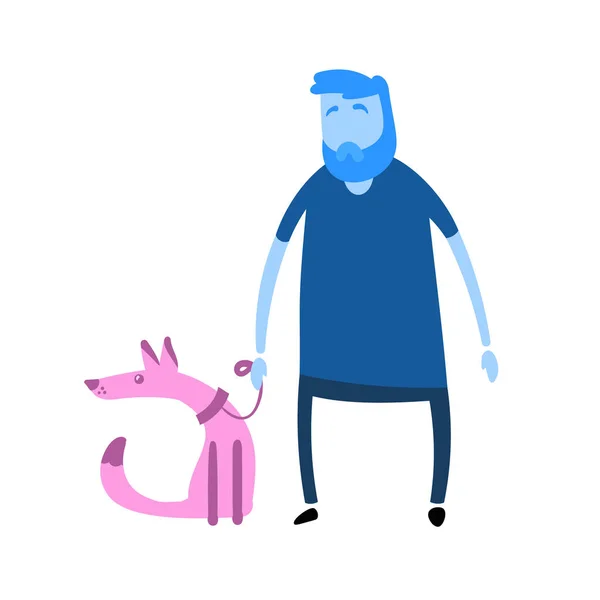 Homem dos desenhos animados com um cão, conceito de animal doméstico. Ícone de desenho animado. Ilustração vetorial plana colorida. Isolado sobre fundo branco . — Vetor de Stock