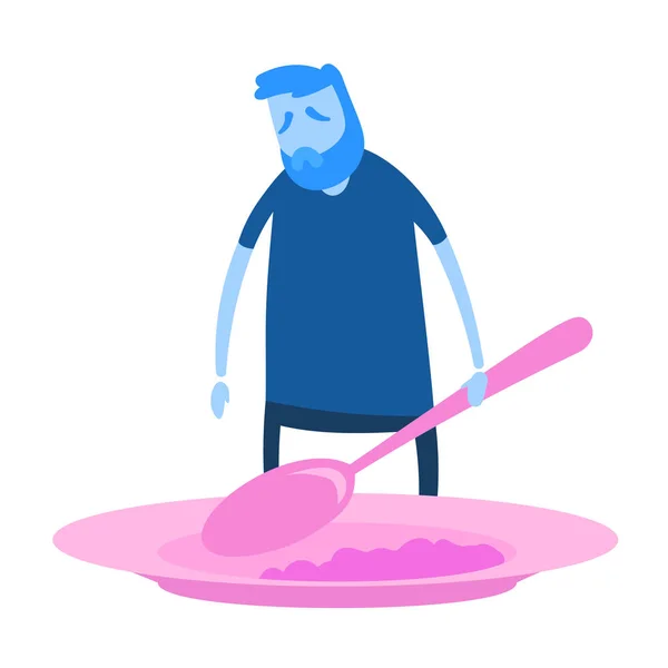 Un hombre enfermo sin apetito delante de la comida. Ilustración vectorial plana. Aislado sobre fondo blanco . — Vector de stock