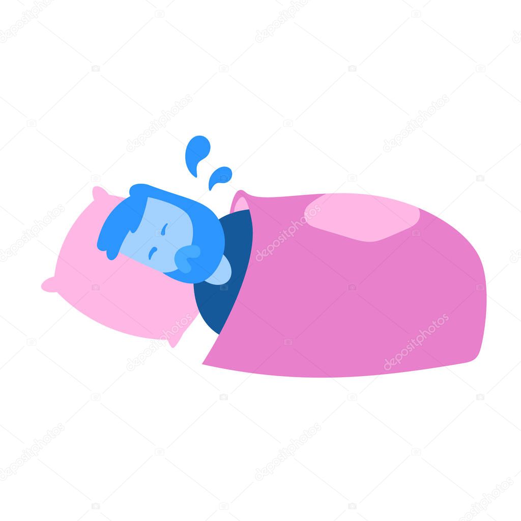 Man soaked in sweat lying in his bed. Cartoon design icon. Flat vector illustration. Isolated on white background.