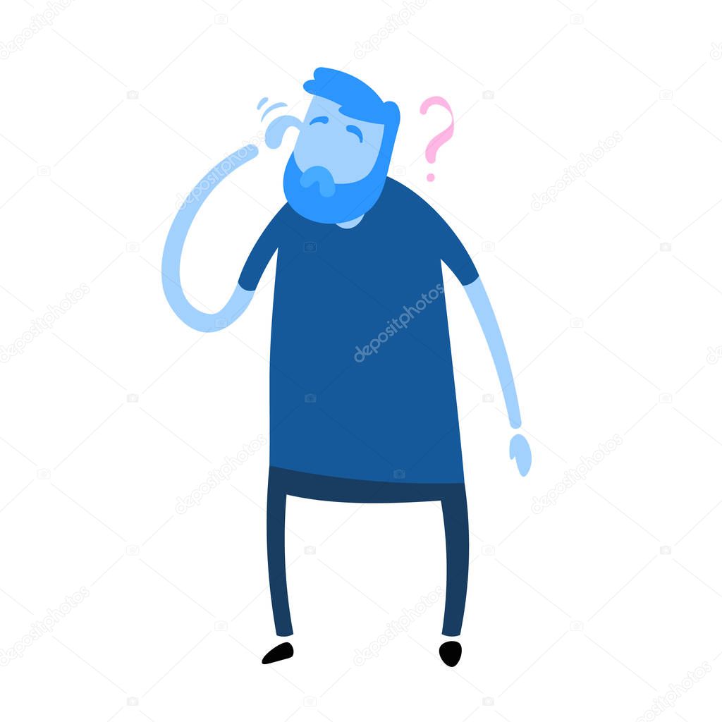 Man holding hand to his head. Forgetfulness, headache. Flat vector illustration. Isolated on white background.