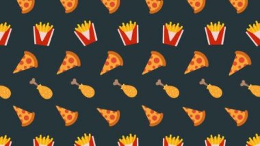 Karanlık arka planda kusursuz bir fast food motifi. İzole edilmiş. Döngülü 4k hareket arkaplanı.