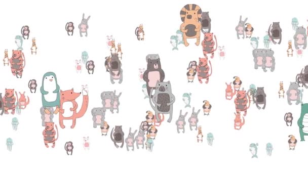 Nahtloses animiertes Muster mit niedlichen Zeichentricktieren auf weißem Hintergrund. geloopter 4k Bewegungshintergrund. — Stockvideo