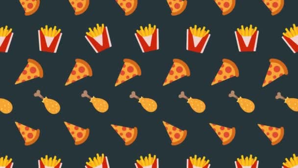 Seamless animated pattern of fast food on dark background. Isolated. Looped 4K motion background. — Stock Video
