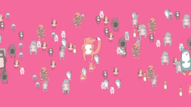 Zökkenőmentes animációs minta aranyos rajzfilm állatok rózsaszín háttér. Looped 4k mozgás háttér.