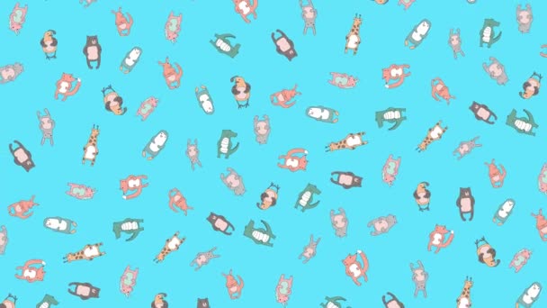 Seamless animated pattern with cute cartoon animals on colorful background. Looped 4K motion background. — Stock Video