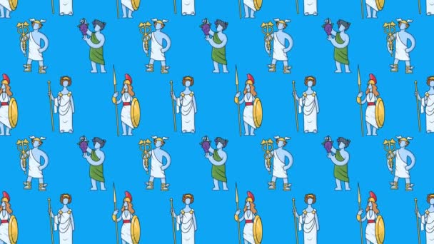 Seamless animated pattern of Ancient Greek gods on colorful background. Ancient Greece mythology. Isolated. Looped 4K motion background. — Stock Video