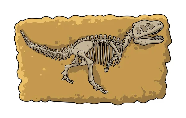 Δεινόσαυρος απολιθωμένος σκελετός στο έδαφος, αρχαιολογικό ανασκαφικό στοιχείο στυλ κινουμένων σχεδίων. Επίπεδη διανυσματική απεικόνιση απομονωμένη σε λευκό φόντο. — Διανυσματικό Αρχείο