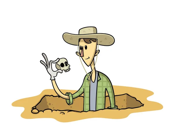 Cacciatore di tesori con un manufatto in mano. Giovane archeologo stranding nella fossa di scavo con il suo ritrovamento. Illustrazione vettoriale piatta isolata su sfondo bianco . — Vettoriale Stock