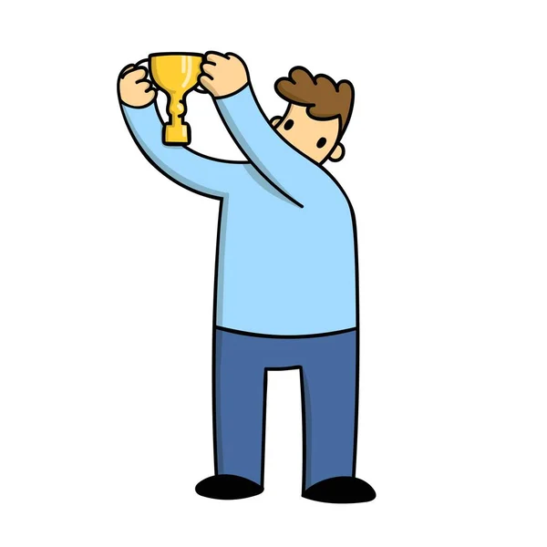 Hombre sosteniendo trofeo por encima de su cabeza, estilo de dibujos animados simples. Ilustración vectorial plana aislada sobre fondo blanco . — Vector de stock