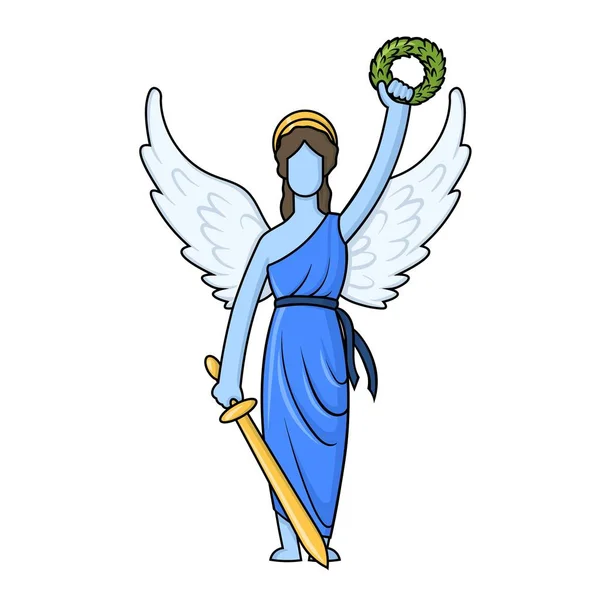 Греческая богиня Ника с венком и мечом. Персонаж мультфильма. Плоский векторный рисунок, изолированный на белом фоне . — стоковый вектор
