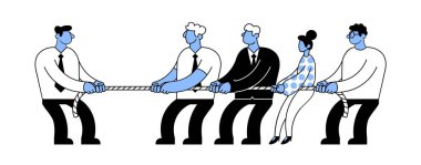 İşadamı lideri, çalışanlardan oluşan bir ekiple çekiştiriyor. İş rekabeti ya da pareto prensibi kavramı. Çatışma yönetimi. Düz vektör çizimi beyaz arkaplanda izole edildi.